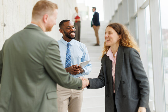 Businessman and businesswoman shake hands during an office interview