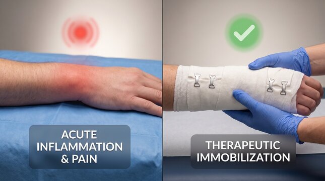 Medical comparison showing acute wrist inflammation and therapeutic immobilization