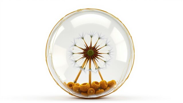 Glass sphere contains dandelion seeds. Delicate structure, soft light, minimalist composition. Focus on natures beauty, fragility evident.