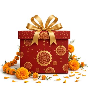 Isolated vector illustration of decorative Diwali gift hamper with marigold flowers