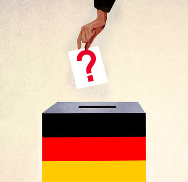 Hand puts a question mark ballot into a German flag ballot box