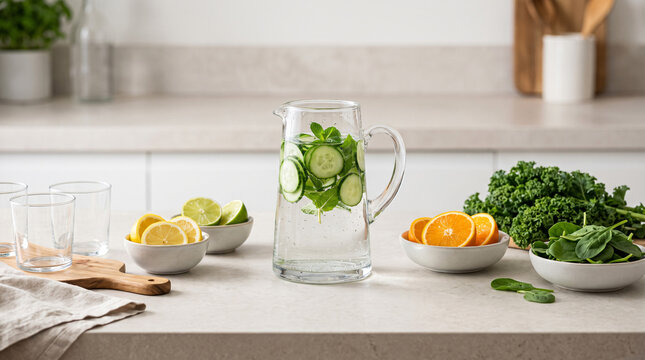 Refreshing infused water with cucumber and mint on kitchen countertop with fresh fruit and greens