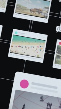 Vertical Futuristic Video Wall Showing Fast Social Media Feeds, Entertainment and Content Overload