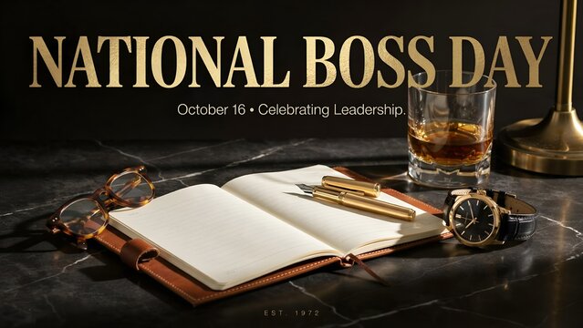 National Boss Day executive desk setup, elegant gold text celebrating leadership on dark marble background, upscale corporate gifts with notebook and pen