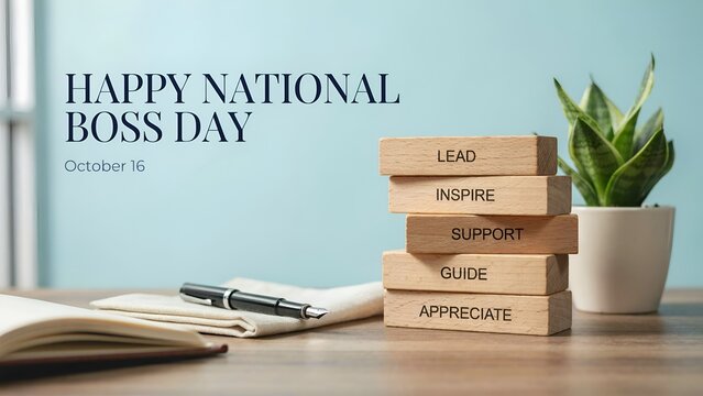National Boss Day concept banner, wooden blocks with leadership keywords, executive office desk setup