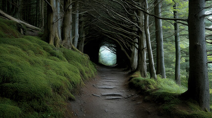Fototapeta premium Mossy forest path ancient gnarled yew branches tunnel serene green nature tranquil mysterious