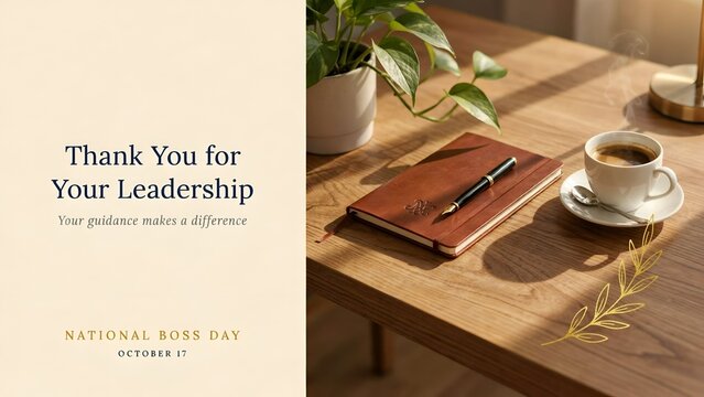 National Boss Day greeting card template, elegant leadership appreciation card, wooden desk with notebook and coffee cup