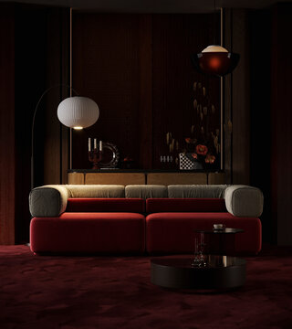 Dark midcentury modern living room with burgundy sofa