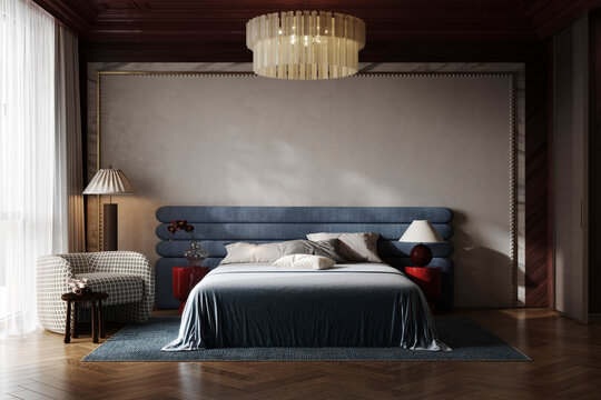 A stylish midcentury modern bedroom features a blue bed