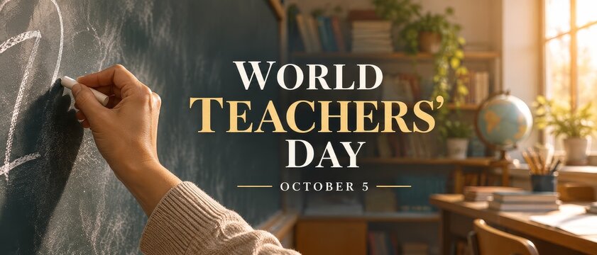 World Teachers Day October 5 greeting with a hand writing on a classroom chalkboard