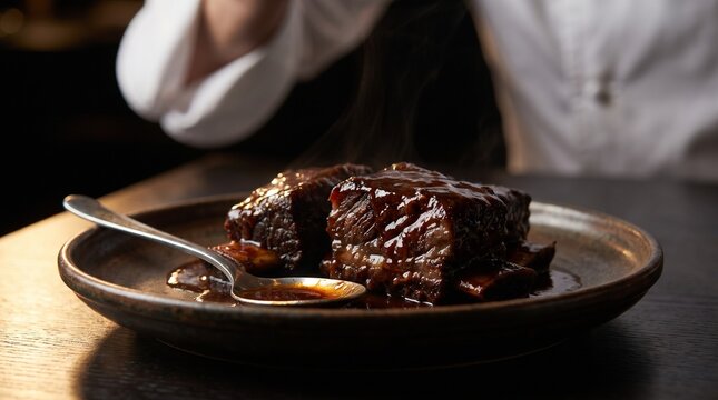 Gourmet braised beef short ribs served with savory sauce on ceramic plate