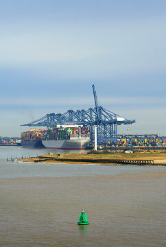 Container terminal and cargo ship at Felixstowe port United Kingdom
