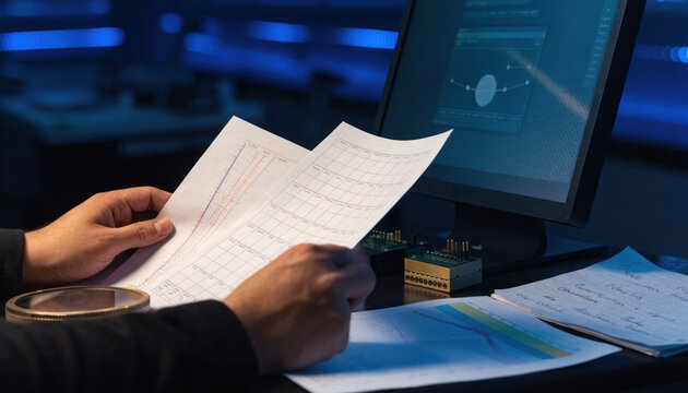 Data analysis business report financial graph office desk computer monitor male hand paperwork document statistic technology data analysis paper and screen modern office environment, focused male