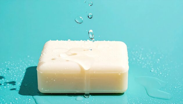 Bar of soap with water droplets on a blue background.