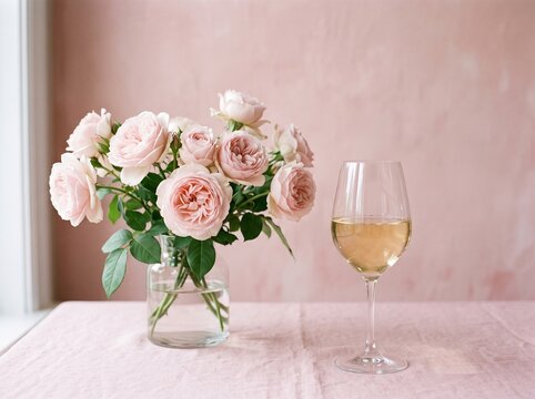 Elegant bouquet of pink roses in a clear glass vase with a glass of white wine