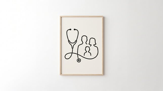 Minimalist medical family line art framed print isolated on white