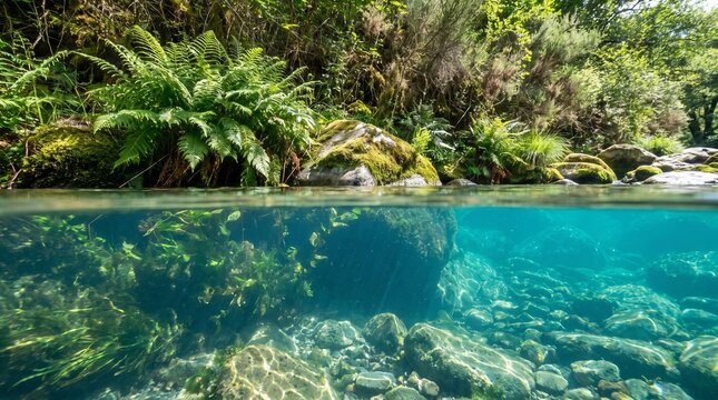 Split-level view of blue river, showing clear underwater scenery below surface and lush green vegetation above