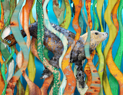 A seal swims through a colorful kelp forest in a digital collage