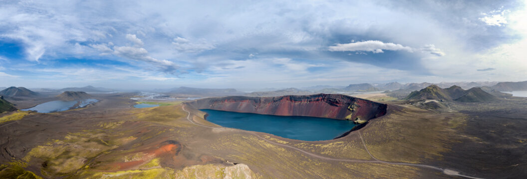 Panoramic aerial view shows Lj�tipollur crater lake in Iceland