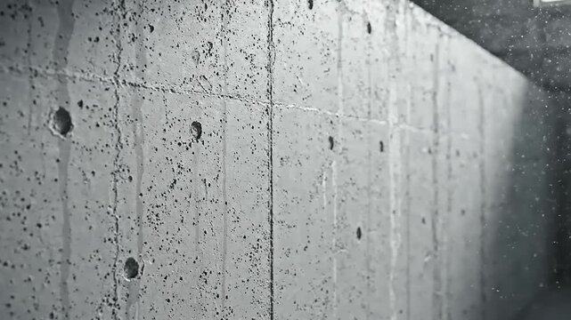 Concrete wall with moving particles and light shafts, abstract industrial background