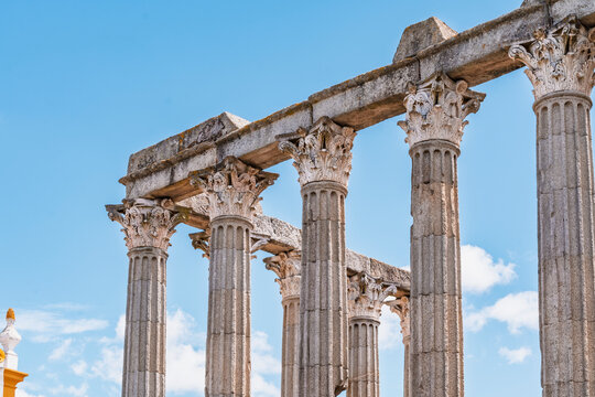 The historic Roman Temple stands outdoors in Evora Portugal