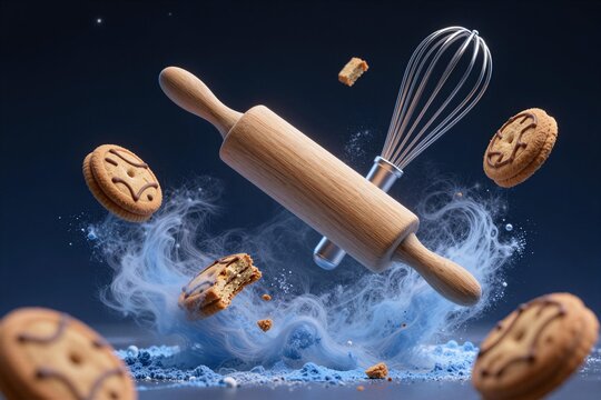 Flying Cookies, Rolling Pin and Whisk in Blue Flour Explosion