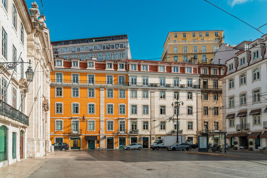 Historic colorful buildings stand at Corpo Santo square in Lisbon