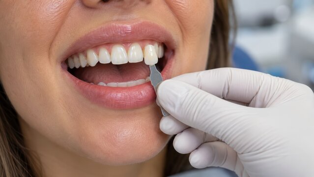 Dentist Holding a Tooth Shade Guide Against a Smiling Patient's Front Teeth to Match the Color