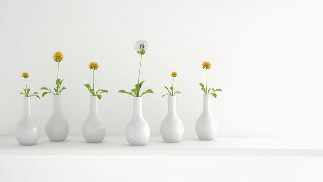 Row of white flower vases with a blowball and dandelions, 3D Rendering