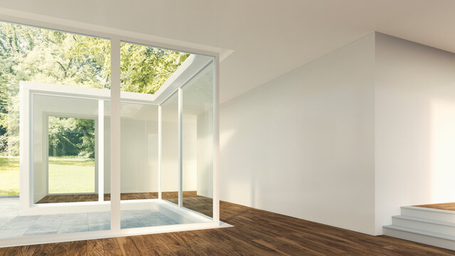 3D Rendering of modern home interior with view to garden