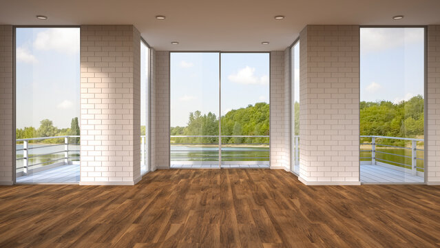 Empty room with wooden floor and view to a lake, 3D Rendering