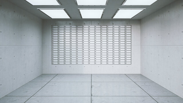 Wall with lockers in a room of a bank, 3D Rendering