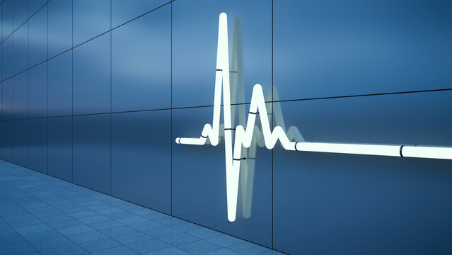 Curve built of neon tubes on blue metal wall