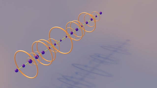 3D rendering, Green line with purple spheres running through orange circles