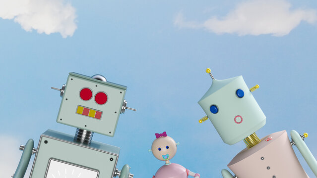 Portrait of robot family outdoors, 3d rendering