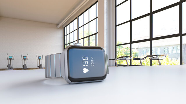Heart rate on smartwatch in loft with exercise equipment, 3d rendering