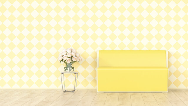 Yellow bench and bunch of flowers in front of checkered pattern wallpaper, 3d rendering