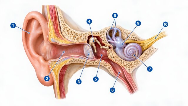 Professional medical anatomy quiz illustration of the human ear showing external, middle, and inner structures with numbered markers on a clean neutral background, realistic presentation.