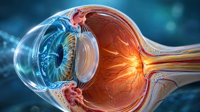 Cross section of human eye anatomy showing colorful iris lens retina optic nerve and detailed internal structure