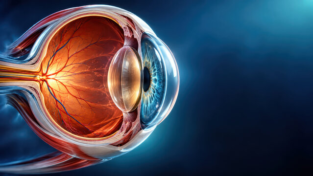 Eye anatomy showing detailed eyeball cross section with glowing retina lens optic nerve and blue iris against dark blue background