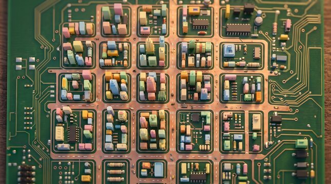Circuit board forming smart city, aerial view. Miniature buildings on green microchip, technology. Urban grid layout, digital network, infrastructure. Futuristic metropolis concept, innovation