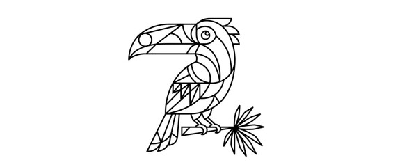 Obraz premium Geometric Toucan Bird Sitting on Branch Tropical Plant Outline
