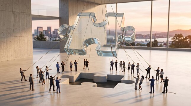 Teamwork collaboration solving giant glass puzzle, business people. Hologram puzzle piece, connection, integration, solution. Modern office interior, panoramic window, cityscape. Strategy planning, pr