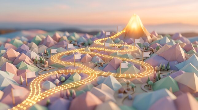 Glowing roadmap winds toward distant summit, Pastel landscape symbolizes ambitious journey, Strategic path leads to success, Geometric mountains frame golden goal