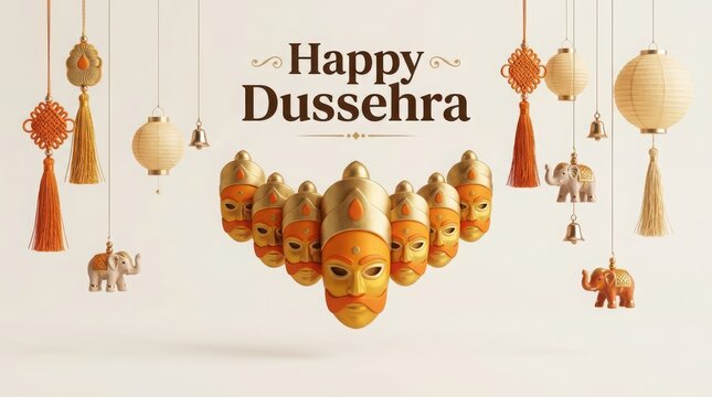 Dussehra festival decoration with multi-headed Ravana masks, lanterns, elephants, and tassels for cultural celebrations.