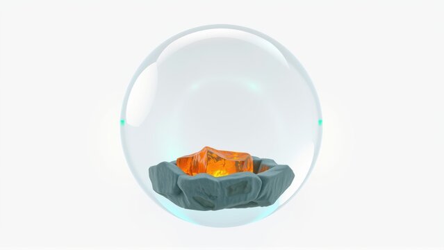 Glowing rocks inside transparent sphere. Light emanates from center, creating soft illumination. Minimalist design, simple composition.