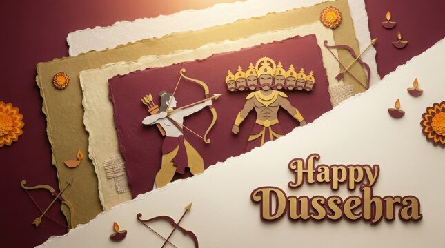Happy Dussehra depiction of rama battling ravana with bow arrow diyas and floral decorations.