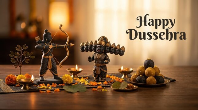 Happy Dussehra with Ram fighting Ravana idol on table with offerings diya and sweets for festival celebration.