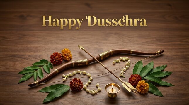 Happy Dussehra greeting with bow and arrow diya marigold flowers and green leaves on wooden background.