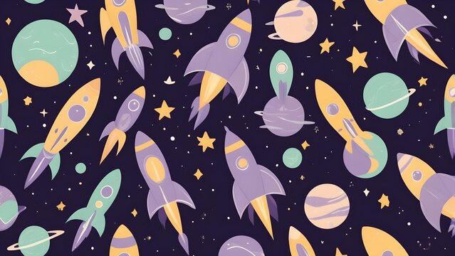 Whimsical seamless space pattern with cartoon rockets, planets, and stars. Cosmic background illustration for children and astronomy themes.